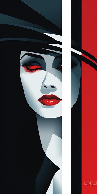a woman with red lips and black hat