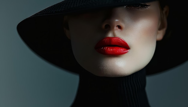 A woman with red lips and a black hat