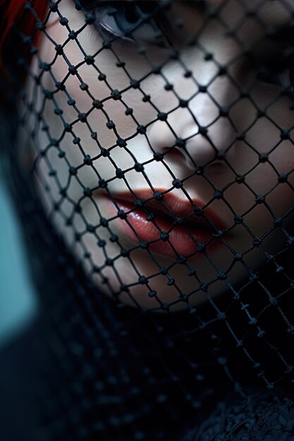 Photo a woman with red lips and a black net behind her