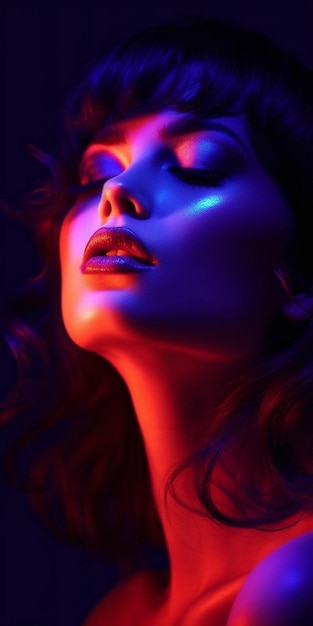 a woman with red lips and a blue light in the background