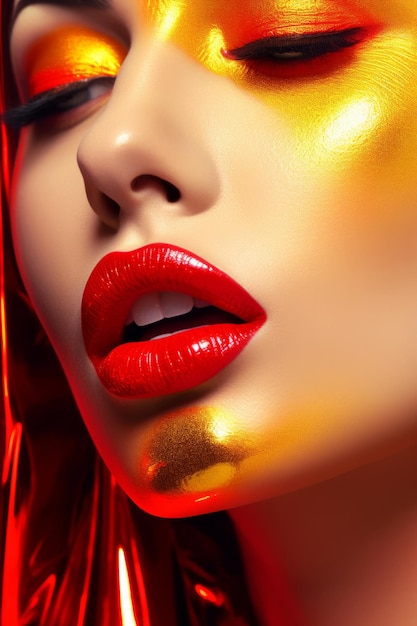 A woman with red lips and bright makeup.