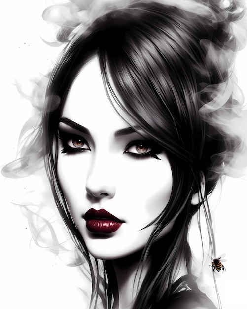 A woman with red lips and a bug on her face