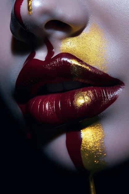 A woman with red lips and gold paint on her lips