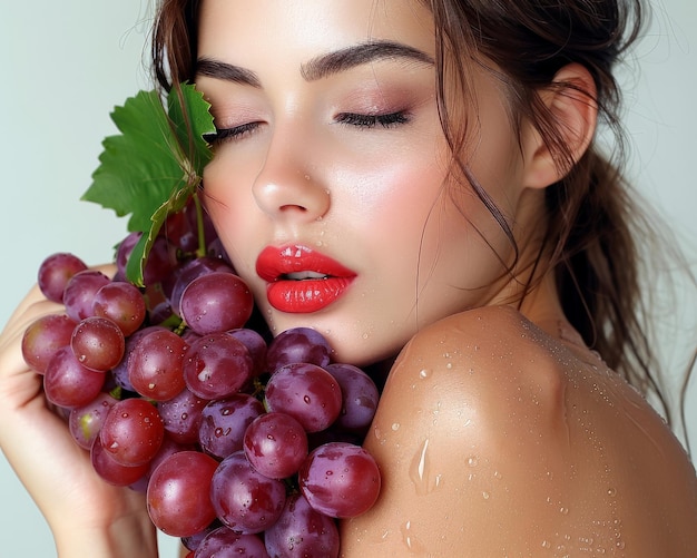 Photo woman with red lips holding bunch of grapes close to her face water drops on grapes add freshness
