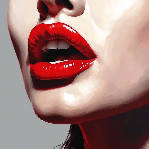 A woman with red lips is wearing a red lipstick