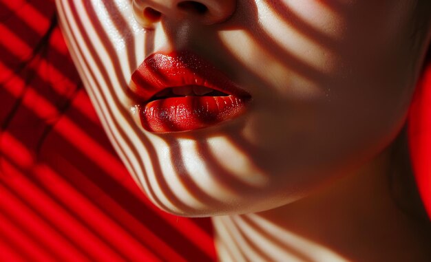 A woman with red lips and a red background