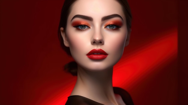 A woman with red lips and a red background