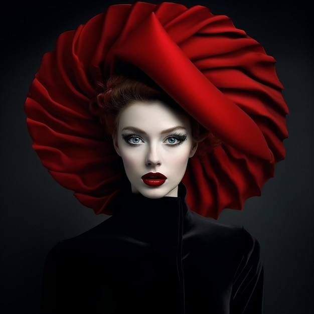 A woman with red lips and a red hat