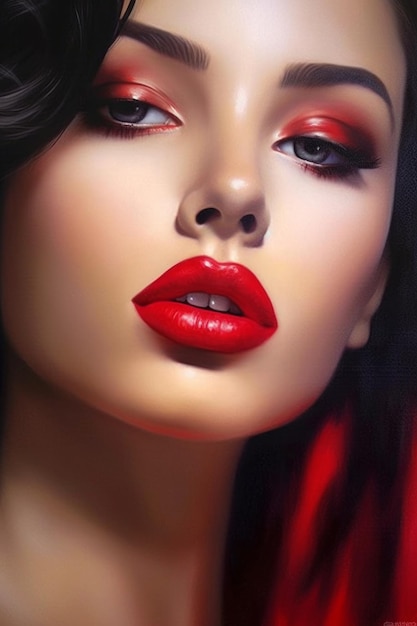 A woman with red lips and red lips