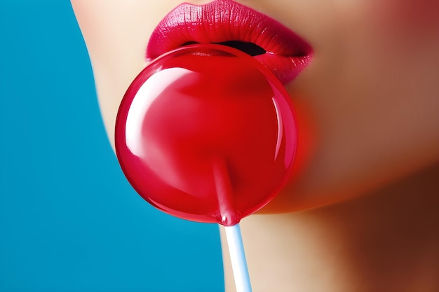 Photo a woman with red lips and a red lollipop in her mouth