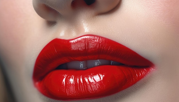 A woman with red lips and a shiny lip