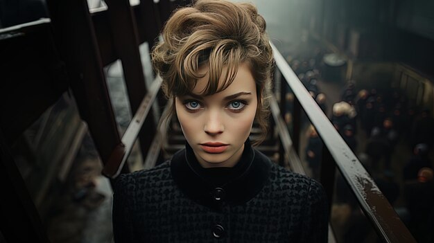 a woman with a red lips stands on a staircase