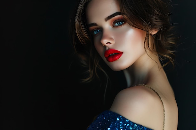 Photo woman with red lips wearing a beautiful blue dress