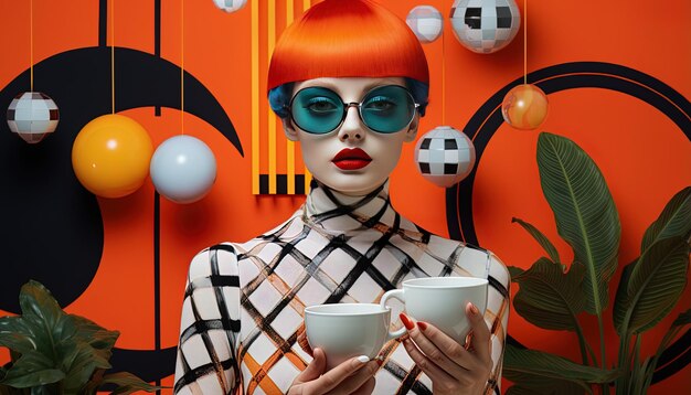 Photo a woman with red lips and a white coffee cup in front of a wall with orange and black dots
