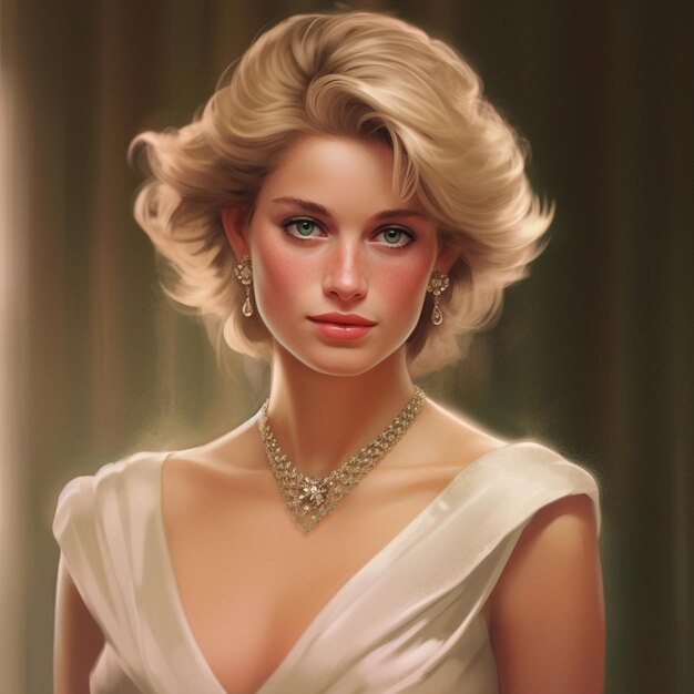 A woman with a red lips and a white dress with a gold necklace.