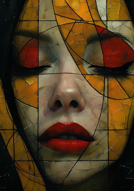 Foto una donna con le labbra rosse e il trucco giallo e arancione è raffigurata in un modello in stile mosaico di quadrati