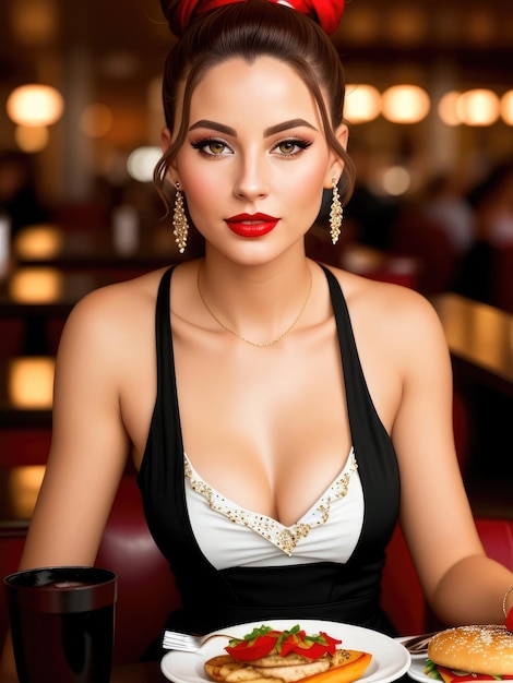 A woman with red lipstick and a black and white top sits in a restaurant.