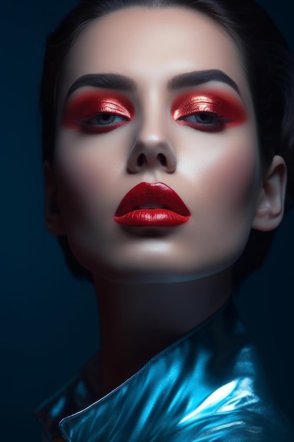 A woman with red lipstick and a blue shirt