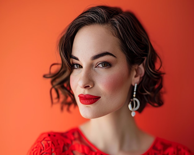 A woman with red lipstick and earrings against an orange background