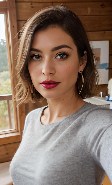 a woman with a red lipstick and a gray sweater