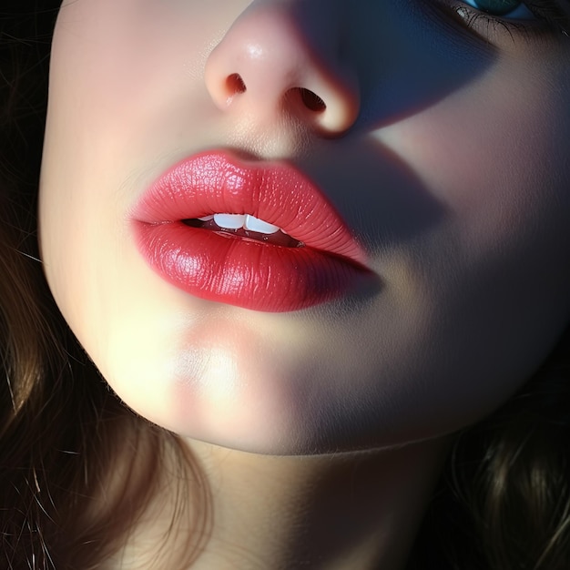 a woman with a red lipstick on her lips.