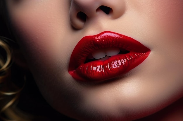 A woman with red lipstick on her lips