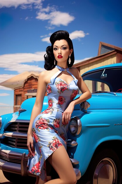 Foto una donna con un rossetto rosso sta posando accanto a un'auto blu