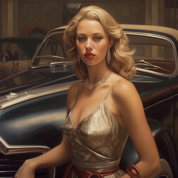 a woman with a red lipstick is posing in front of a car.