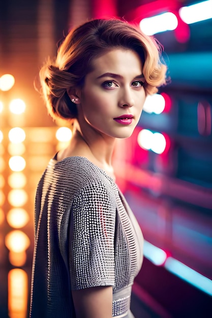 A woman with a red lipstick looks into the camera.