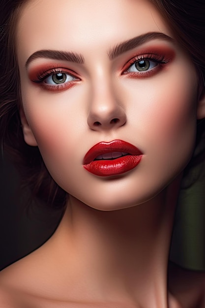 a woman with red lipstick and makeup