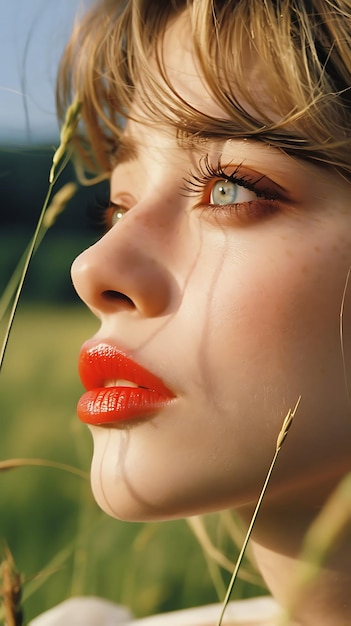 a woman with red lipstick and a red lip and a green eye