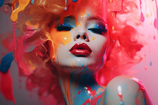 A woman with red lipstick and a red wig is covered in paint.