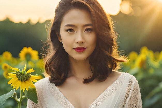 a woman with a red lipstick and a sunflower in the background.