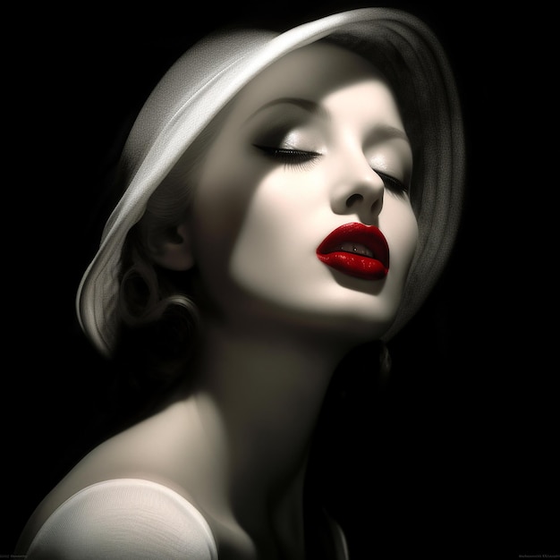 a woman with red lipstick and a white hat is shown in a black background.