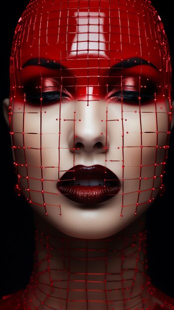 A woman with red makeup and red mesh on her face