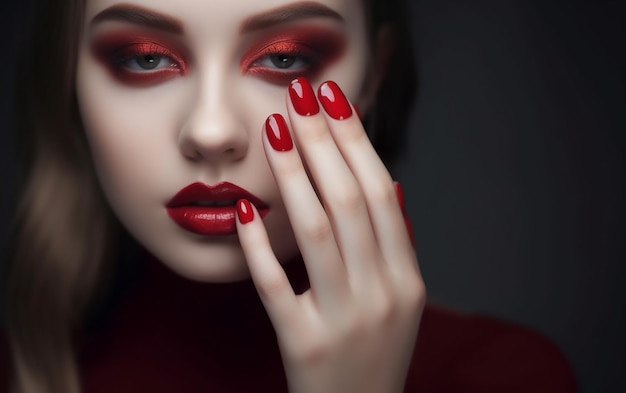 A woman with red nails and a red lipstick