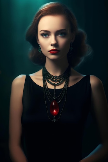 A woman with a red pearl necklace