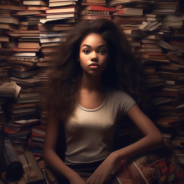 A woman with a red ribbon on her head sits in front of a pile of books.