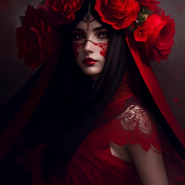 A woman with red roses on her head and a red dress