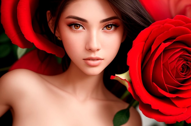 Женщина с красными розами на голове