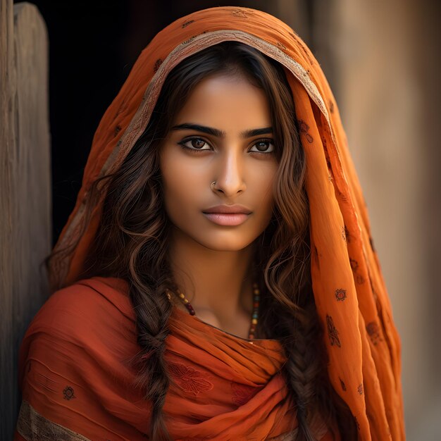 A woman with a red sari on her head