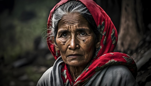 A woman with a red scarf on her head looks into the camera.