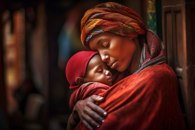 A woman with a red scarf holds a baby in her arms.