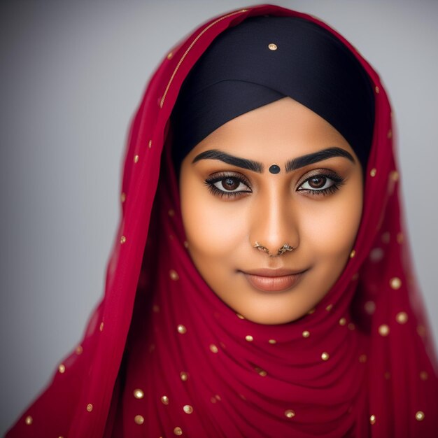 A woman with a red scarf and a nose ring on her head.