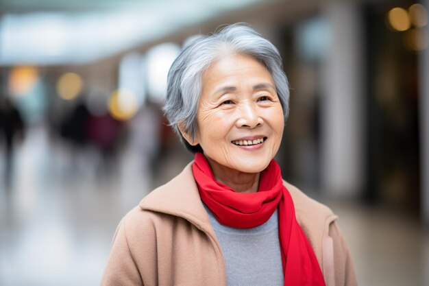 Photo a woman with a red scarf smiles at the camera