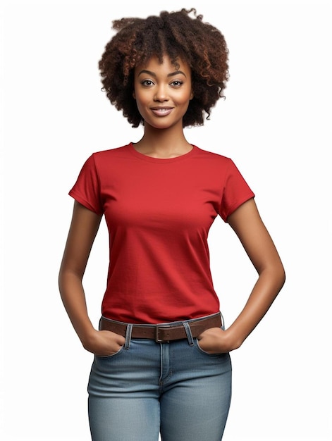 a woman with a red shirt that says " natural " on it.