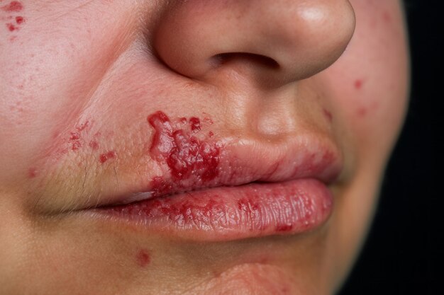 Photo a woman with red spots on her lips