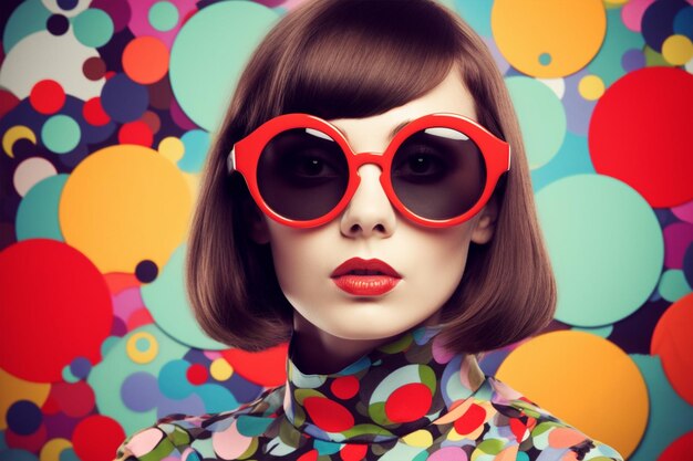 A woman with red sunglasses and a colorful background with circles on it.