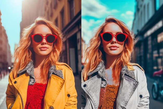 Photo a woman with red sunglasses is wearing a yellow jacket.