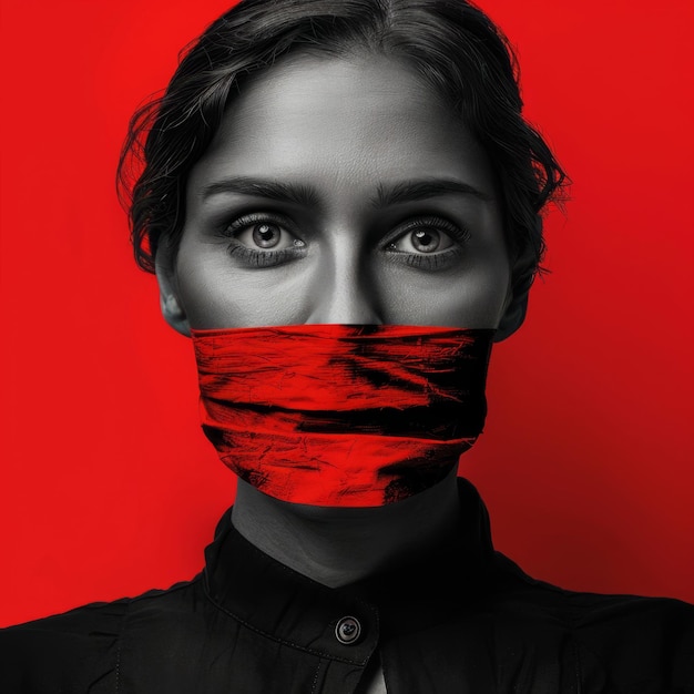 a woman with a red tape over her mouth